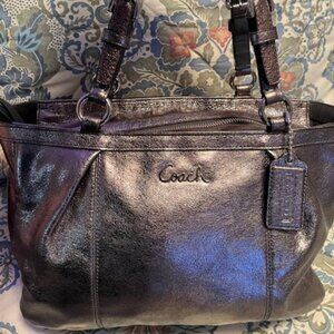 Coach Gallery F17721 Metallic Silver Leather Medium East West Tote Shoulder Bag